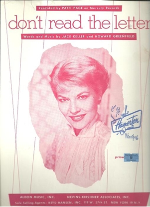 Picture of Don't Read the Letter, Jack Keller & Howard Greenfield, recorded by Patti Page