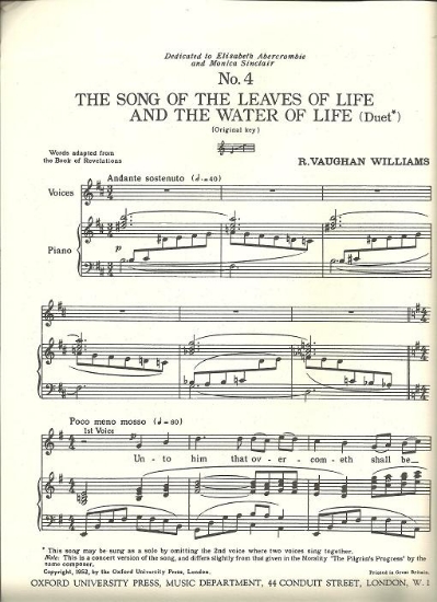 Picture of The Song of the Leaves of Life and the Water of Life, No. 4 from "Seven Songs from Pilgrim's Progress", R. Vaughan Williams, vocal solo