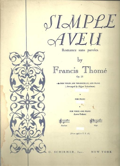 Picture of Simple Aveu, Francis Thome Op. 25, cell0/violin & piano