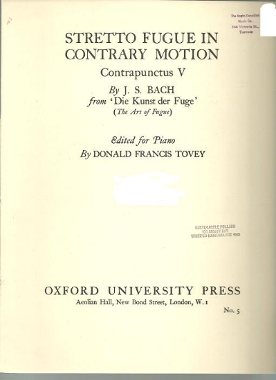 Picture of Stretto Fugue in Contrary Motion, Contrapunctus V from the Art of Fugue, J. S. Bach, ed. Donald Francis Tovey, piano solo 