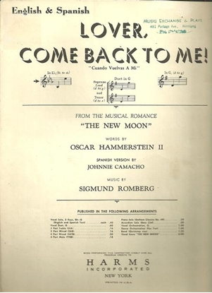 Picture of Lover Come Back to Me, Cuando vuelvas a mi, from "The New Moon", Oscar Hammerstein & Sigmund Romberg, low voice solo