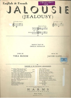Picture of Jalousie (Jealousy), Vera Bloom/ Emelia Renaud/ Jacob Gade, high voice solo