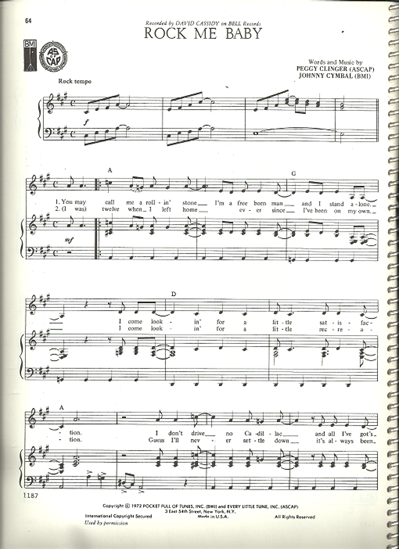 Picture of Rock Me Baby, Peggy Clinger & Johnny Cymbal, recorded by David Cassidy, sheet music