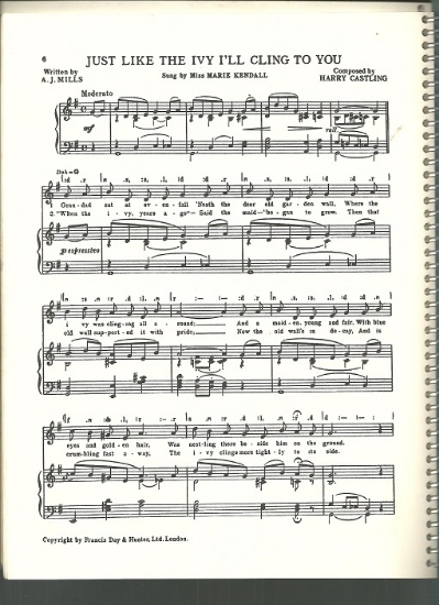 Picture of Just Like the Ivy I'll Cling to You, A. J. Mills & Harry Castling, sung by Miss Marie Kendall, British Music Hall, pdf copy
