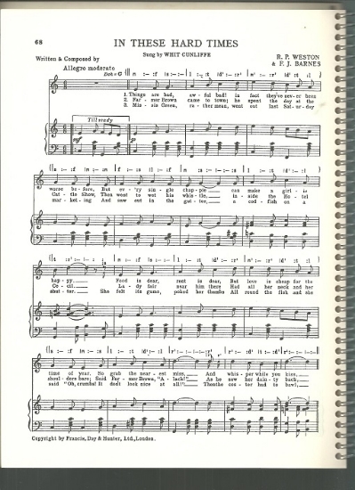 Picture of In These Hard Times, R. P. Weston & F. J. Barnes, sung by Whit Cunliffe, British Music Hall, pdf copy