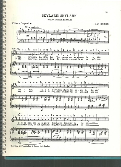 Picture of Skylark Skylark, E. W. Rogers, sung by Arthur Lennard, British Music Hall, pdf copy