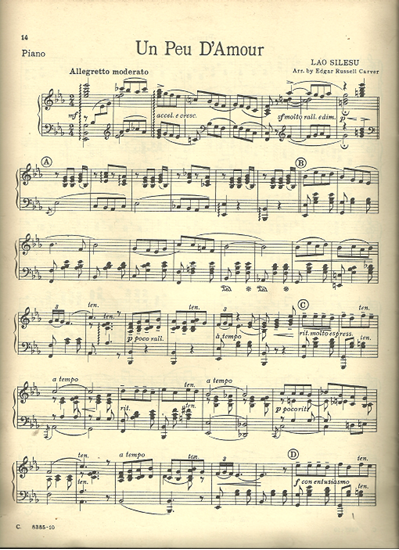 Picture of Un peu d'amour, Lao Silesu, arr. for piano solo by Edgar Russell Carver