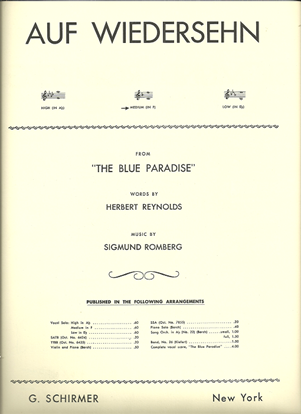 Picture of Auf Wiedersehn, from "The Blue Paradise", Herbert Reynolds & Sigmund Romberg, medium voice