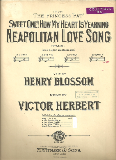 Picture of Sweet One How My Heart is Yearning, Neapolitan Love Song, from "The Princess Pat", Henry Blossom & Victor Herbert, med-high voice