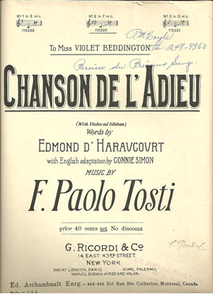 Picture of Chanson de l' Adieu, F. Paolo Tosti, medium voice