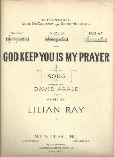 Picture of God Keep You is My Prayer, David Arale & Lilian Ray, recorded by John McCormack, medium high key of Eb