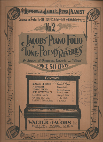 Picture of Modern Melodies of Merit for the Photo Play Pianist, Jacobs Piano Folio of Tone Poems & Reveries No. 2