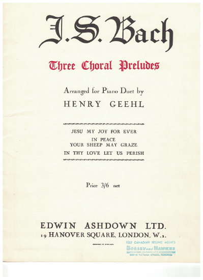 Picture of J. S. Bach, Three Chorale Preludes, arr. for piano duet by Henry Geehl