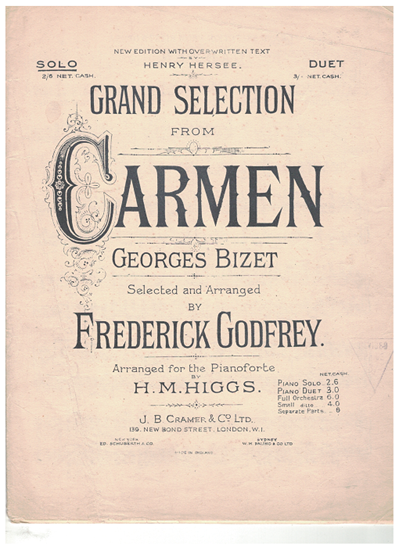Picture of Carmen, Georges Bizet, arr. H. M. Higgs & Frederick Godfrey, piano solo selections
