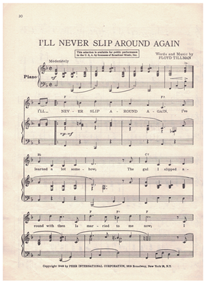 Picture of I'll Never Slip Around Again, Floyd Tillman, recorded by Margaret Whiting & Jimmy Wakely