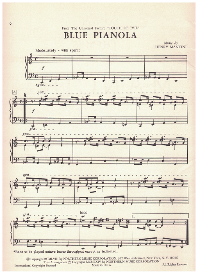 Picture of Blue Pianola, from movie "Touch of Evil", Henry Mancini, piano solo, pdf copy