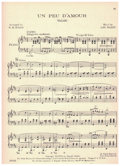 Picture of Un Peu d'Amour Valse, Lao Silesu, arr. H. M. Higgs, piano solo 