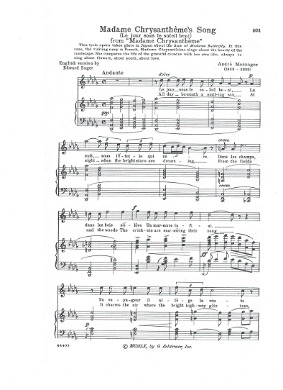 Picture of Madame Chrysantheme's Song (Le jour sous le soleil beni), from "Madame Chrysantheme", Andre Messager, soprano solo