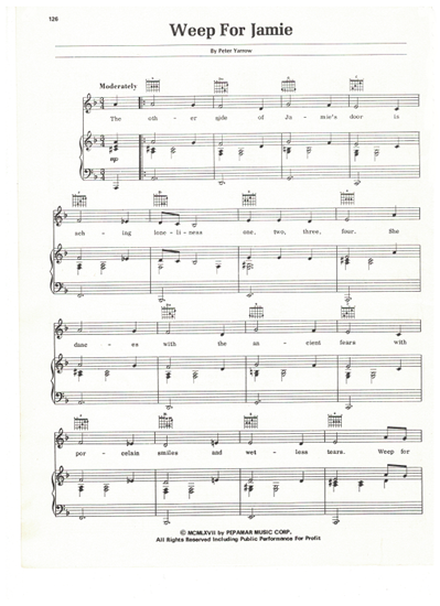 Picture of Weep for Jamie, Peter Yarrow, recorded by Peter Paul & Mary, sheet music/songbook