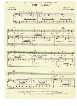 Picture of Where's Jack, movie title song, Don Black & Elmer Bernstein, recorded by Mary Hopkin, pdf copy