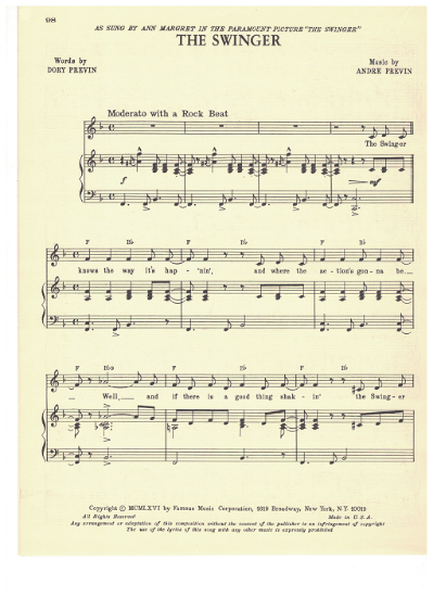 Picture of The Swinger, movie title song, Dory & Andre Previn, recorded by Ann Margaret, pdf copy