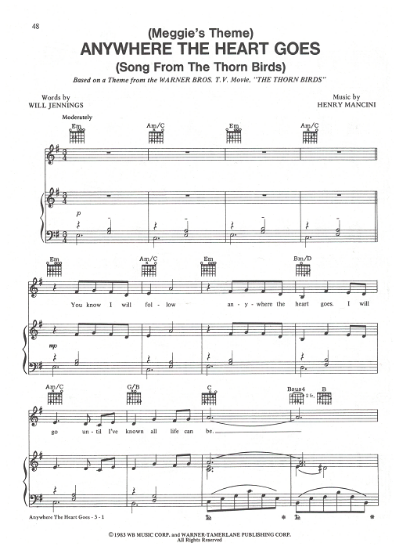 Picture of Anywhere the Heart Goes (Meggie's Theme), from TV series "The Thorn Birds", Henry Mancini, pdf copy