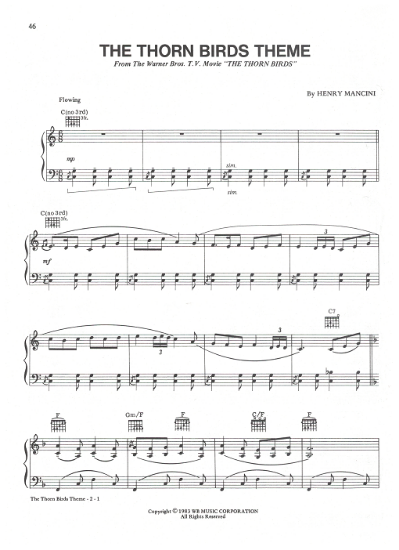 Picture of The Thorn Birds Theme, title song from TV series, Henry Mancini, pdf copy