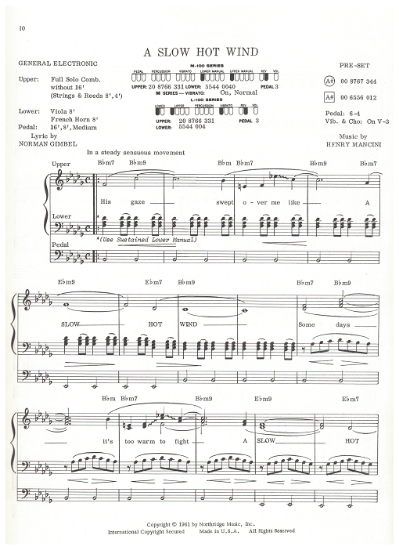 Picture of A Slow Hot Wind (Lujon), from movie "The Big Lebowski", Norman Gimbel & Henry Mancini, organ solo, pdf copy