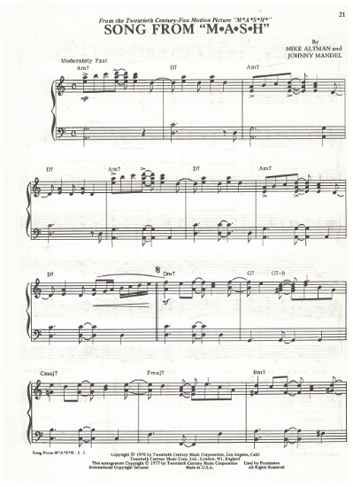 Picture of Song from "Mash", Aike Altman & Johnny Mandel, piano solo, pdf copy