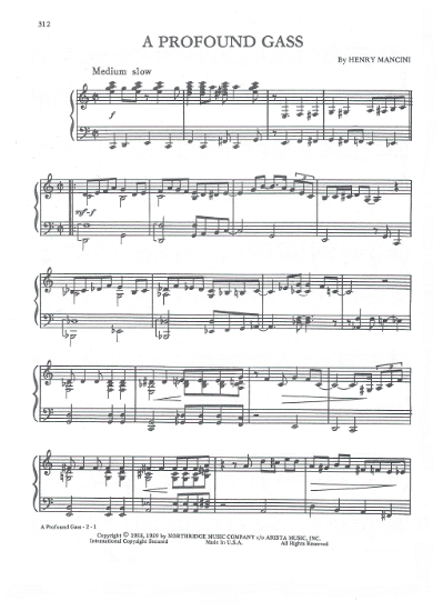 Picture of A Profound Gass, from TV show Peter Gunn, Henry Mancini, piano solo, pdf copy