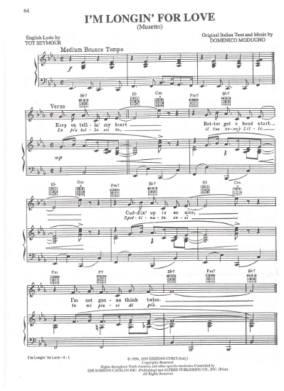 Picture of Musetto (I'm Longin' for Love), written & recorded by Domenico Modungo, pdf copy