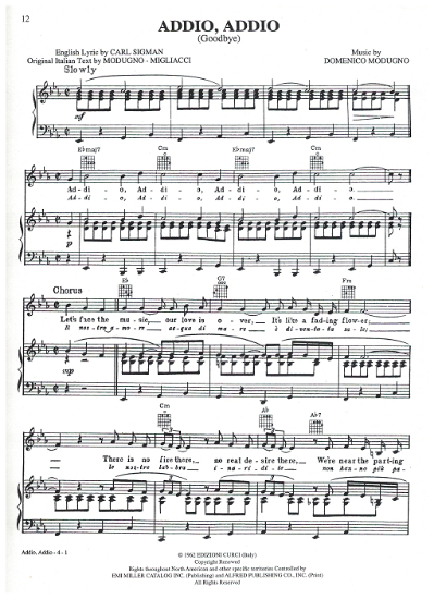 Picture of Addio Addio (Goodbye), Franco Migliacci & Domenico Modungo, sung by Domenico Modingo, pdf copy 