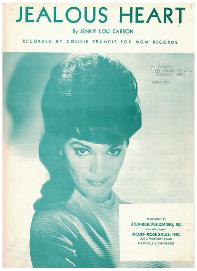 Picture of Jealous Heart, Jenny Lou Carson, recorded by Connie Francis