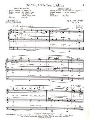 Picture of To You Sweetheart Aloha, Harry Owens, arr. Dave Coleman for organ/vocal solo