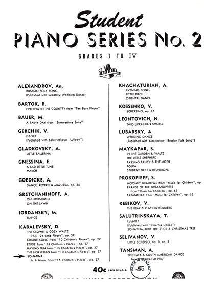 Picture of Sonatina in a minor from 15 Children's Pieces Opus 27, Dmitri Kabalevsky, edited Alfred Mirovitch, piano solo