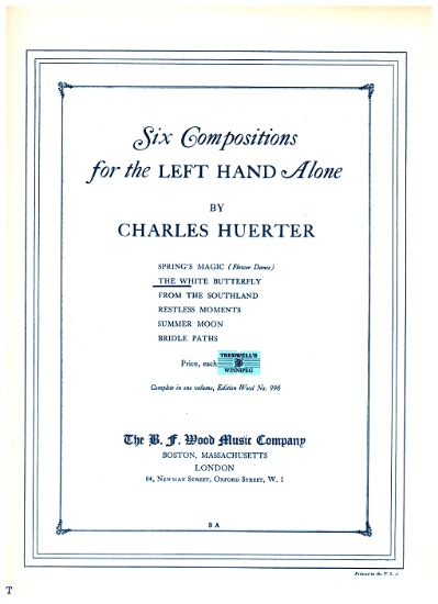 Picture of The White Butterfly, from "Six Compositions for the Left Hand Alone", Charles Huerter