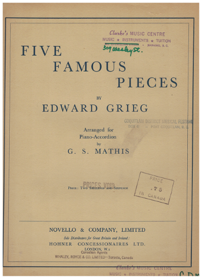 Picture of Five Famous Pieces by Edward Grieg, arr. for accordion solo by G. S. Mathis