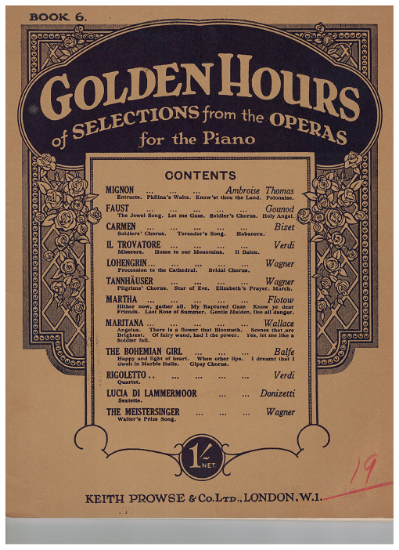 Picture of Golden Hours Book 6, Selections from the Operas, transcr. for piano solo by Arthur Kingsley