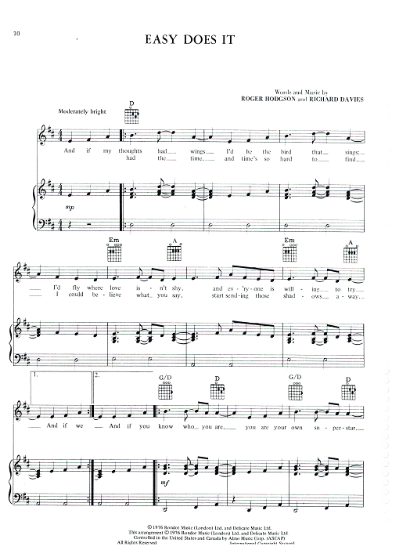 Picture of Easy Does It, Roger Hodgson & Richard Davies, from "Crisis What Crisis", recorded by Supertramp, sheet music, pdf copy