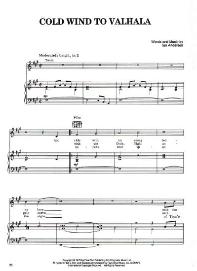 Picture of Cold Wind to Valhala, Ian Anderson, recorded by Jethro Tull, sheet music/songbook