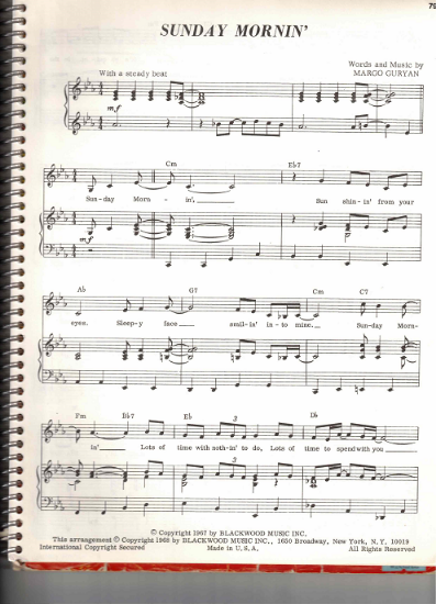 Picture of Sunday Mornin', Margo Guryan, recorded by Spanky and Our Gang, sheet music, pdf copy