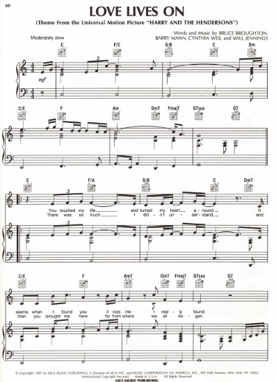 Picture of Love Lives On, from move "Harry and the Hendersons", Bruce Boughton/ Barry Mann/ Cynthia Weil/ Will Jennings, recorded by Joe Cocker, pdf copy