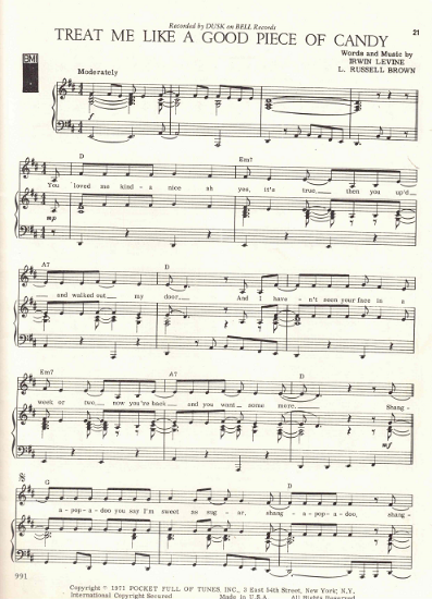 Picture of Treat Me Like a Good Piece of Candy, Irwin Levine & L. Russell Brown, recorded by Dusk, pdf copy