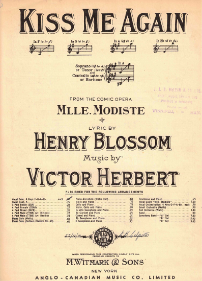 Picture of Kiss Me Again, from  "Mille Modiste", Henry Blossom & Victor Herbert, medium-low voice solo, Key of G