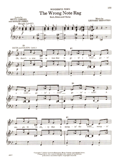 Picture of The Wrong Note Rag, from "Wonderful Town", Ruth, Eileen & chorus, Betty Comden/ Adolph Green/ Leonard Bernstein, pdf copy 